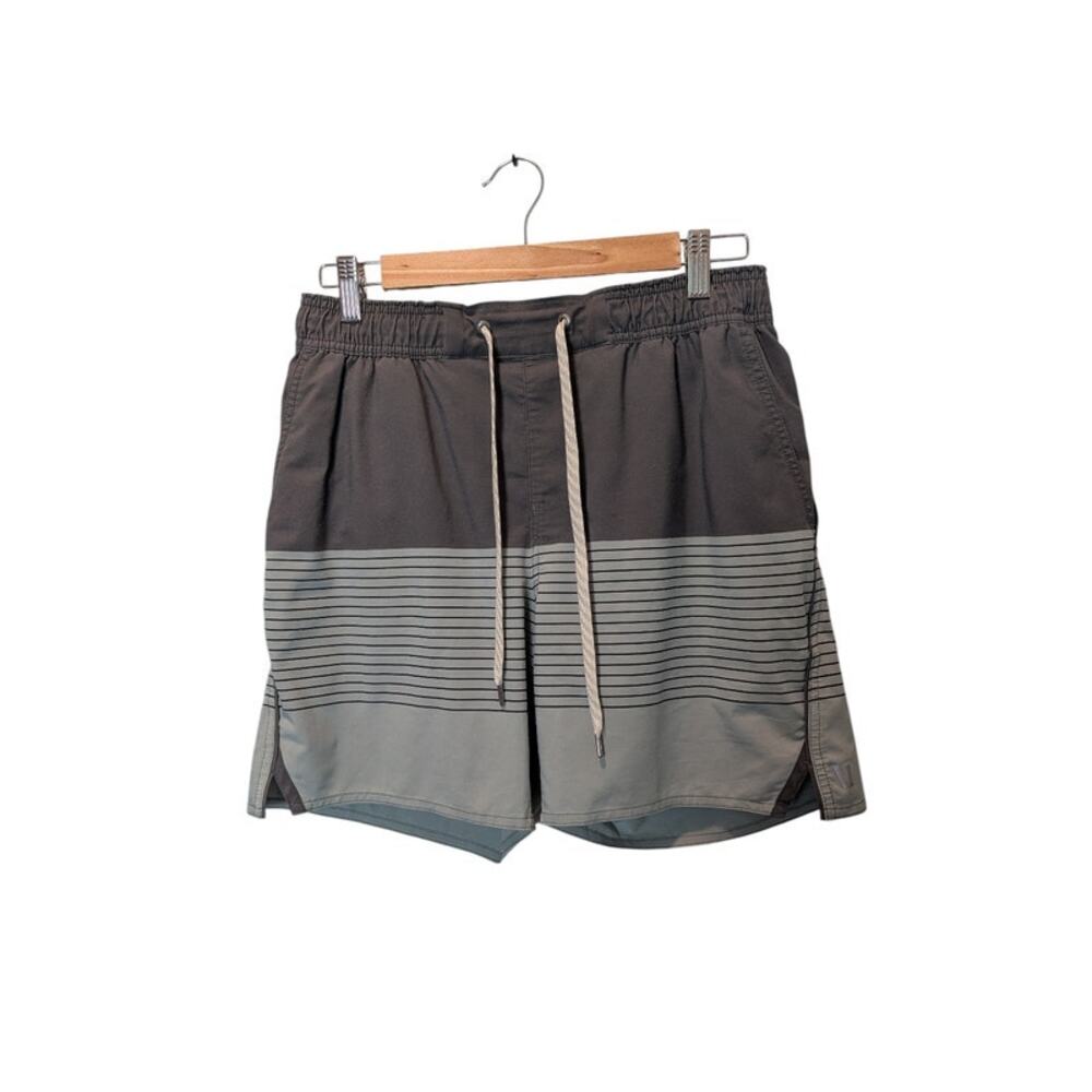 Vuori Men's Sz M Trail Shorts Tan Stripe Compression Lined Elastic Tie Waist
